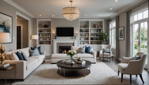 Salon élégant après rénovation intérieure complète avec cheminée, bibliothèques intégrées et mobilier contemporain dans des tons neutres