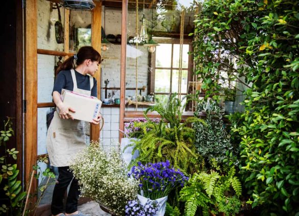 Un charmant "petit jardin urbain" aménagé sur un balcon, avec diverses plantes en pots et des lanternes décoratives, créant un espace extérieur accueillant