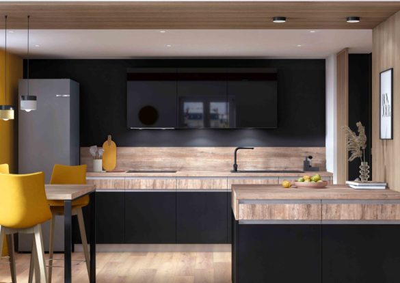 Cuisines Comera moderne avec îlot central et accents jaunes.