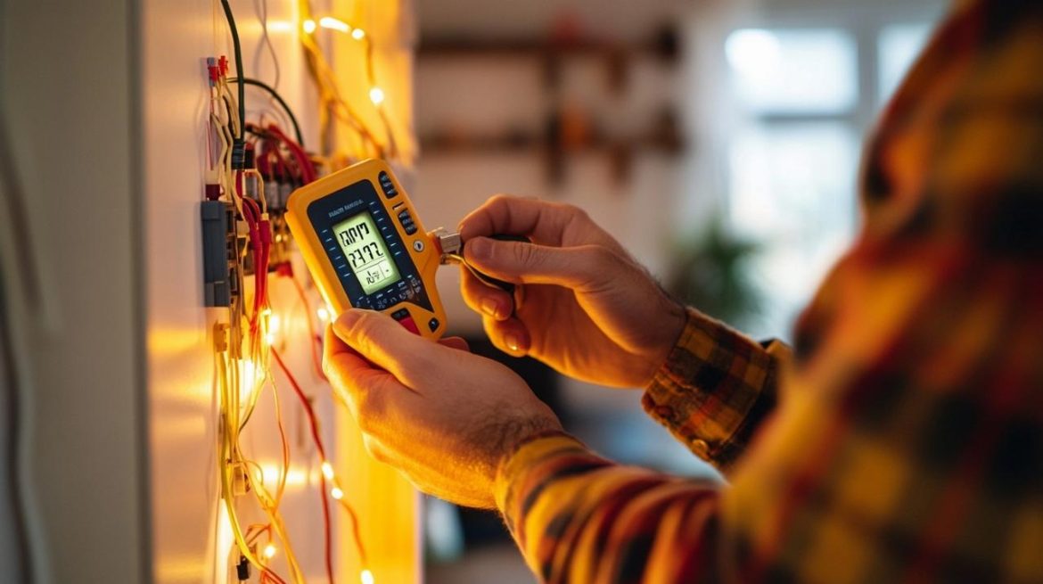 Vérification précise et sécurité : comment utiliser un multimètre pour tester vos installations électriques Un technicien procède à des vérifications sur des câbles lumineux et doit utiliser un multimètre pour tester vos installations électriques