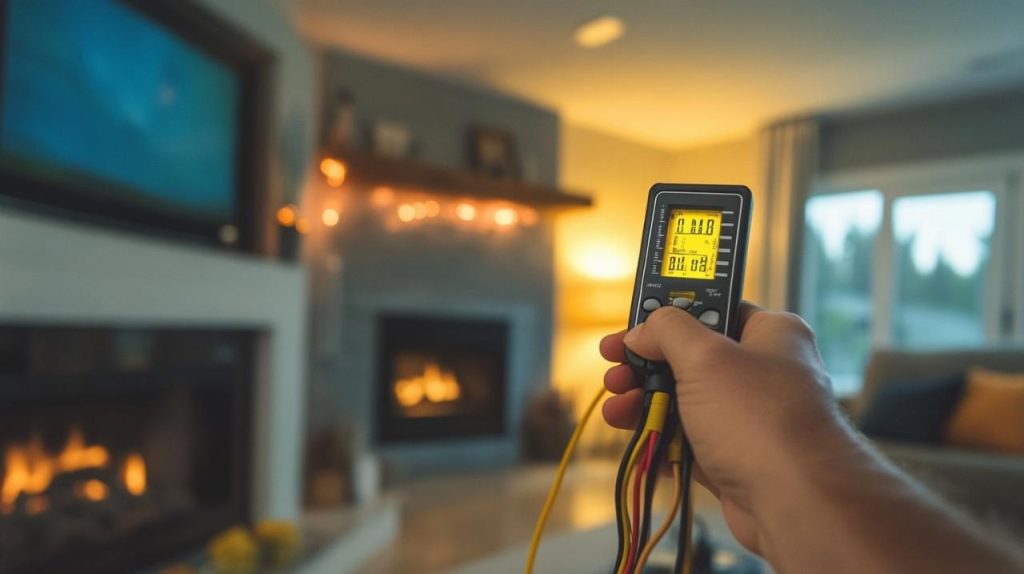 Gros plan sur une main s'apprêtant à utiliser un multimètre pour tester vos installations électriques dans le confort d'un salon