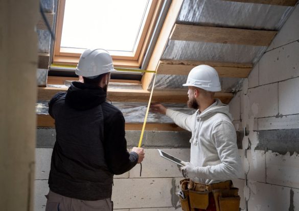Deux ouvriers en casque mesurant l'encadrement d'une fenêtre de toit lors de travaux d'extension de maison.