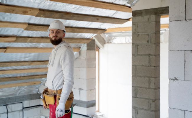 Jeune ouvrier sur un chantier, portant un casque et une ceinture à outils, avec la toiture et l'isolation extérieure des murs en blocs de béton cellulaire en arrière-plan.