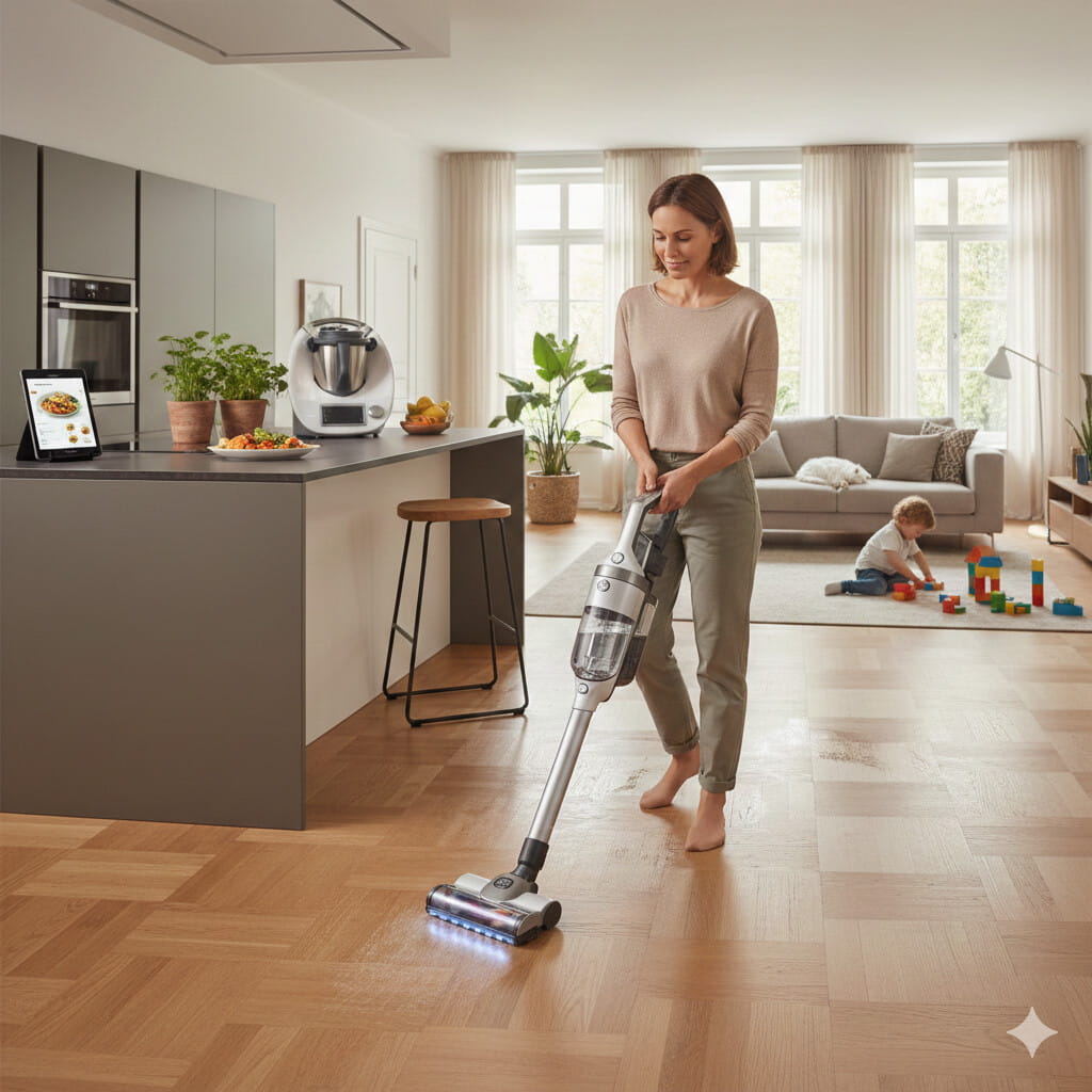 Une femme utilise un aspirateur multifonction sans fil sur un parquet dans une cuisine moderne ouverte