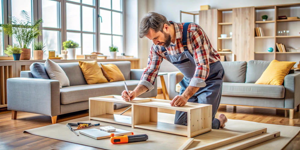 Artisan menuisier A2V en train de mesurer et d'assembler un meuble en bois clair dans un salon moderne