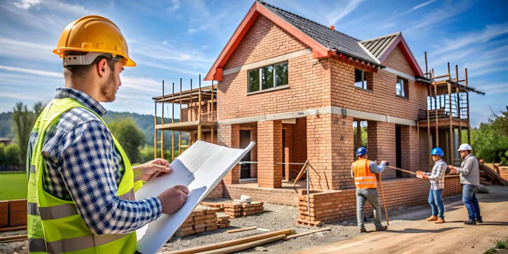 Équipe d'artisans travaillant sur un chantier de construction de maisons à Auray sous un ciel dégagé