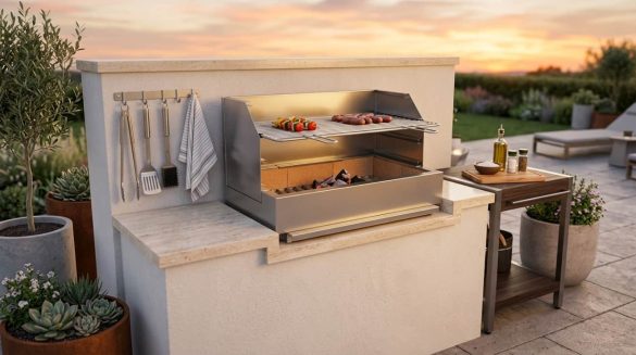 Cuisine d'été extérieure avec un grand barbecue en inox encastré sur une terrasse au coucher du soleil