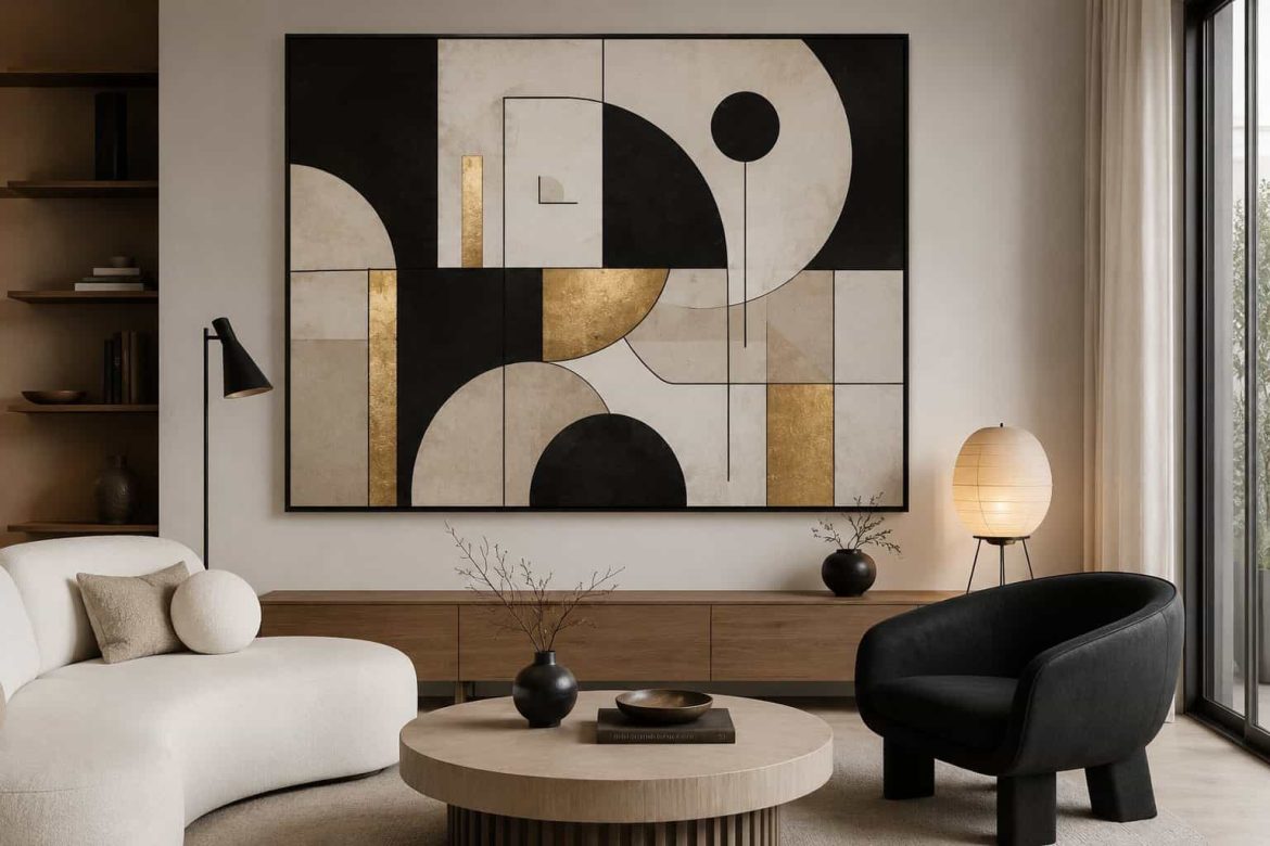 Un grand tableau abstrait noir, beige et doré suspendu comme déco mural au-dessus d'un buffet en bois dans un salon minimaliste.