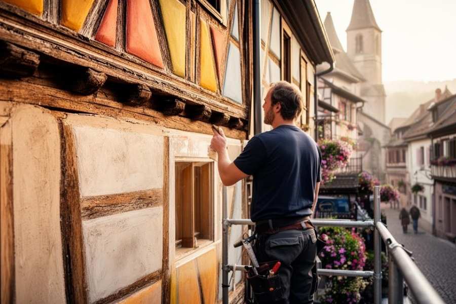 Un façadier expérimenté applique de la peinture sur le colombage coloré d'une maison ancienne depuis un échafaudage.