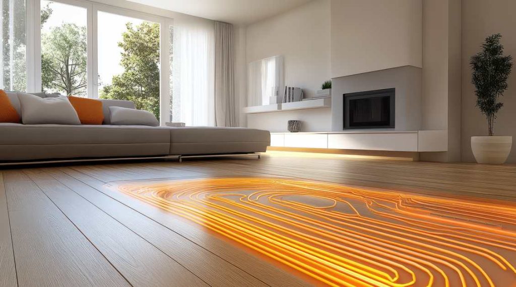 Salon contemporain lumineux avec vue en coupe thermique du sol pour comparer l'avantage chauffage radiant plafond avec le système au sol.