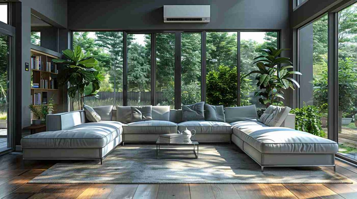 Un salon moderne baigné de lumière naturelle, idéal pour installer un système de chauffage écologique performant.