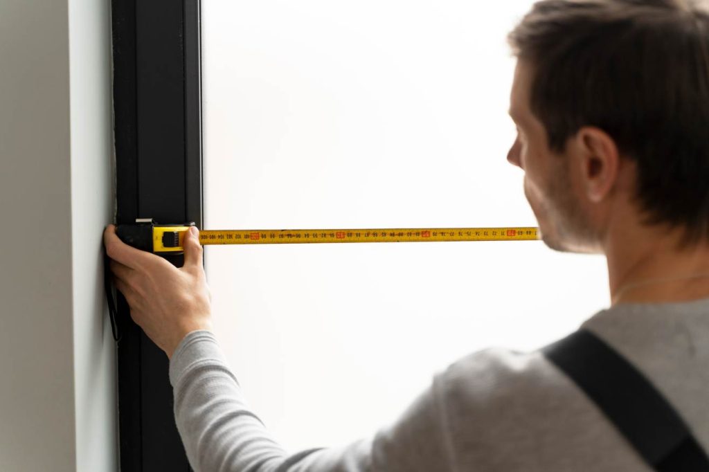 Un artisan utilise un mètre ruban pour prendre les cotes d'une ouverture, une étape essentielle avant d'établir un exemple devis detaille menuiserie pvc pose comprise.