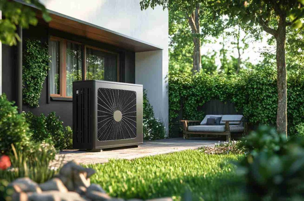 Une pompe à chaleur moderne installée à l'extérieur d'une maison, idéale pour installer un système de chauffage écologique.